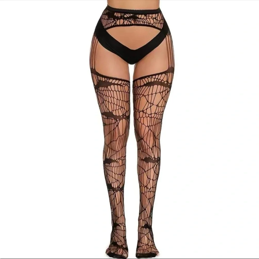 Black Bat Fishnet Suspender Tights Hollow Out High Waist Mesh Pantyhose One Size